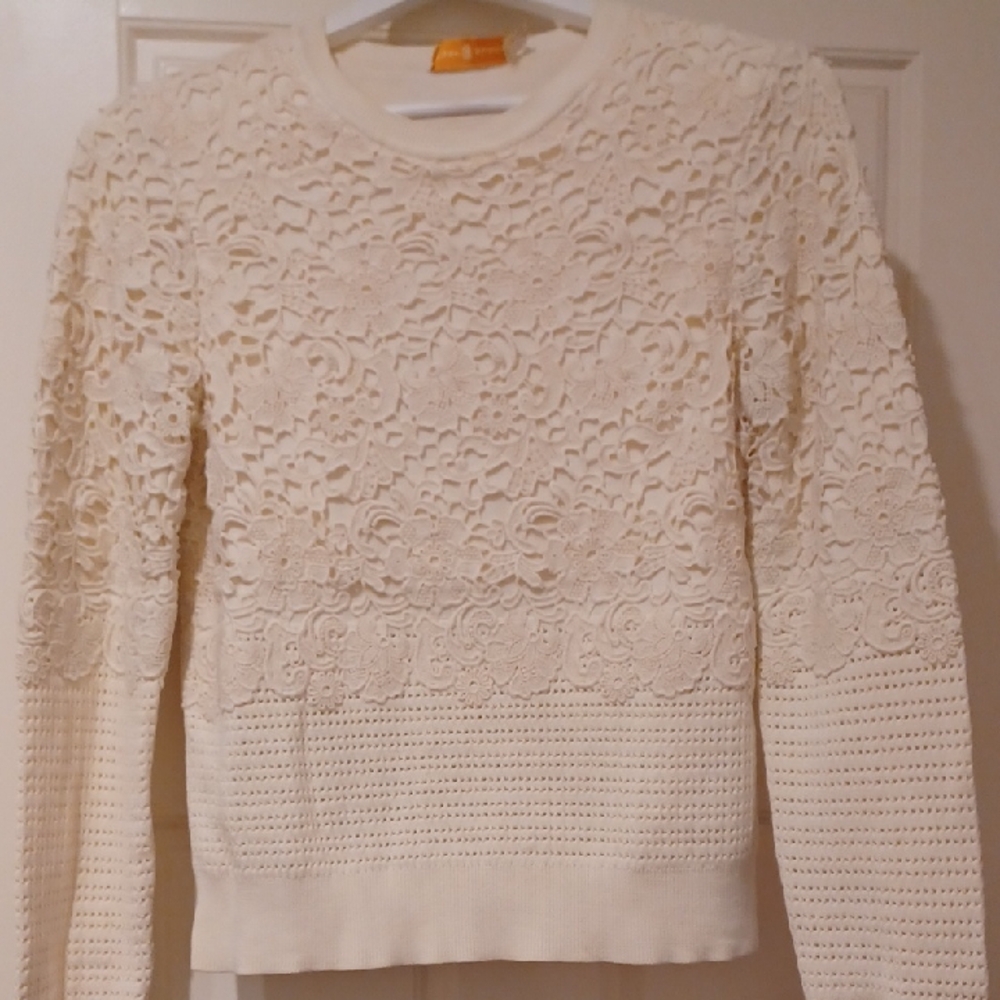 Tory Burch Womens Cream Lace Sweater